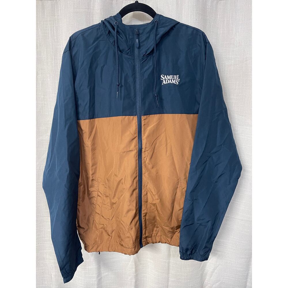 Samuel Adams Men’s Windbreaker Hoodie Full Zip Tan Navy Blue Size Large Beer